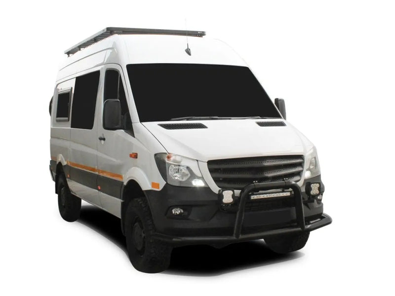 White camper van with pop-up roof and front bull bar for Mercedes Benz Sprinter Slimline II Tray