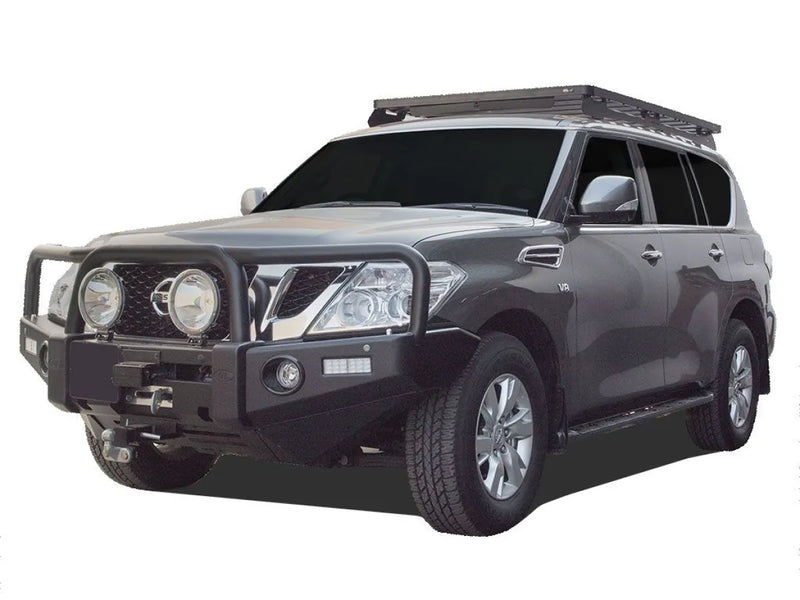 Rugged gray SUV with roof rack kit and heavy-duty front bumper for Nissan Patrol Armada