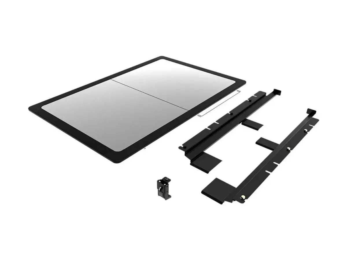 Kit components laid out: folded camp table, storage slides and latch
