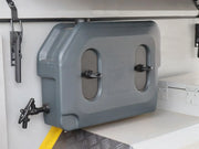 Gray plastic water tank with oval windows and spigot for Pro Water Tank Universal Side Mount