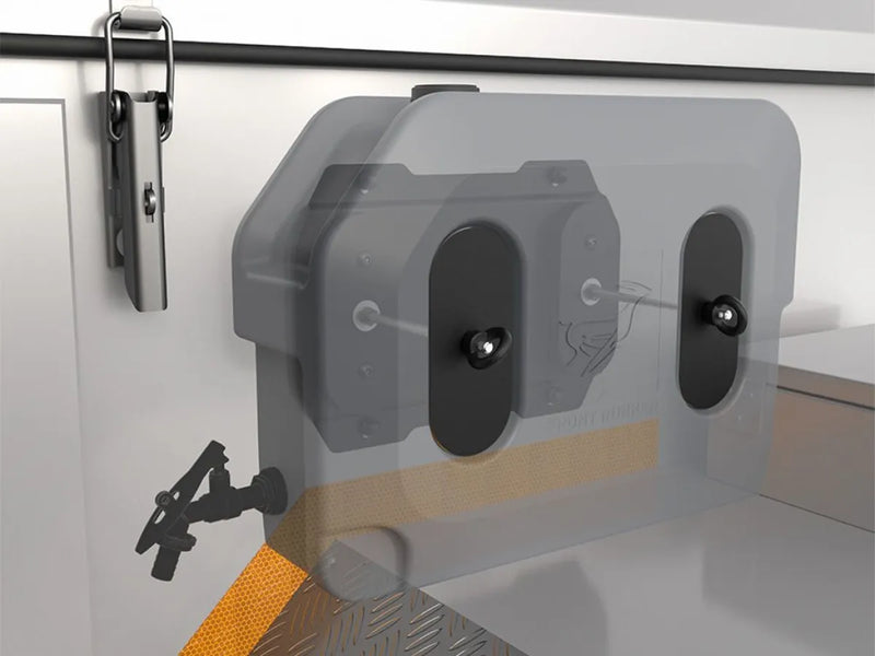 Gray plastic water tank device with yellow strap for Front Runner Pro Water Tank
