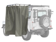 Off-road vehicle with privacy curtain on rack mount shower cubicle for outdoor camping