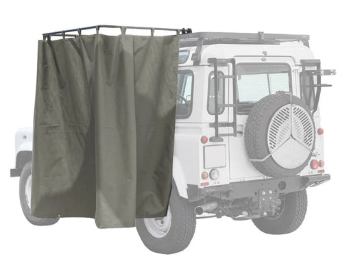Off-road vehicle with privacy curtain on rack mount shower cubicle for outdoor camping