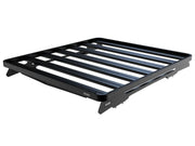 Black metal roof rack with parallel bars for cargo mounting, compatible with Front Runner Ram Crew Cab roof rack kit
