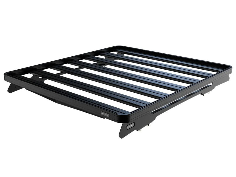 Black metal roof rack with parallel bars for cargo mounting, compatible with Front Runner Ram Crew Cab roof rack kit
