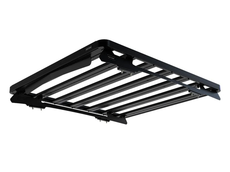 Black metal roof rack with parallel bars for mounting on Front Runner Ram truck roof rack kit