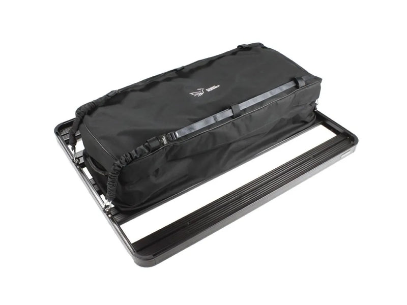 Black cargo storage bag for large roof transit storage bag attached to vehicle roof rack