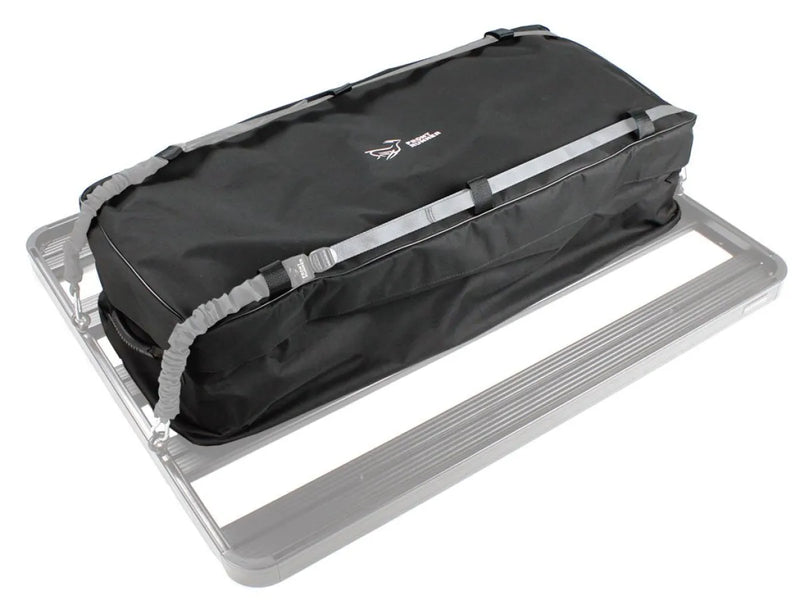 Black large roof transit storage bag secured to metal frame or rack