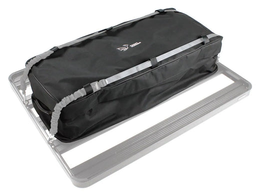 Black large roof transit storage bag secured to metal frame or rack