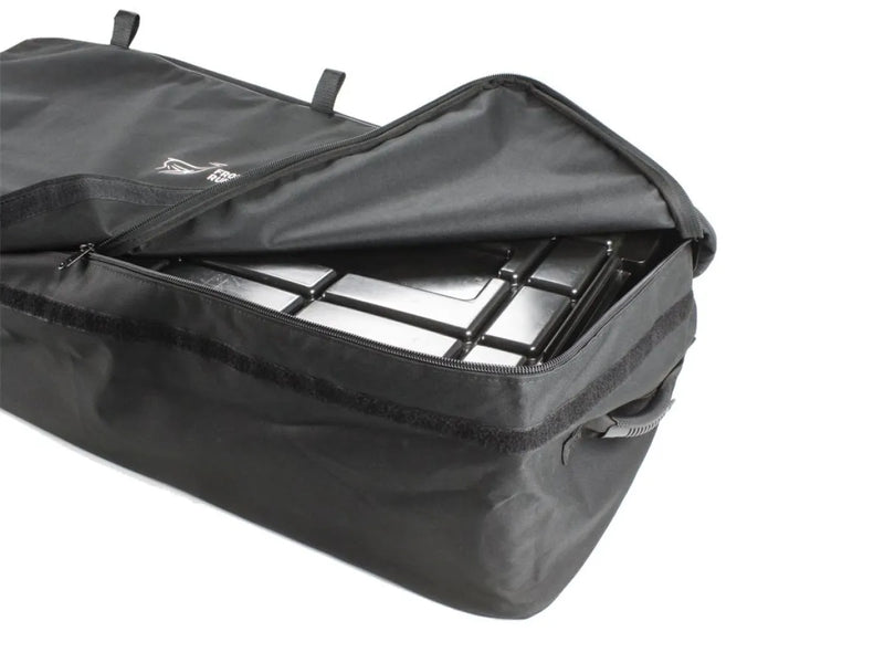 Black transit storage bag with open zipper showing organized interior for large roof storage
