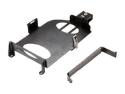Black metal mounting bracket with cutouts and attachment points for Land Rover Defender