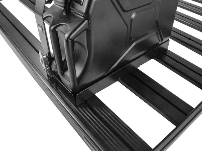 Front Runner Single Jerry Can Holder mounted on roof rack with stainless steel black powder coated finish