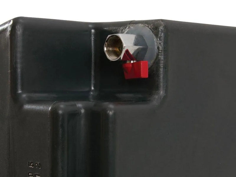 Black plastic front runner slanted water tank with red valve for efficient water storage