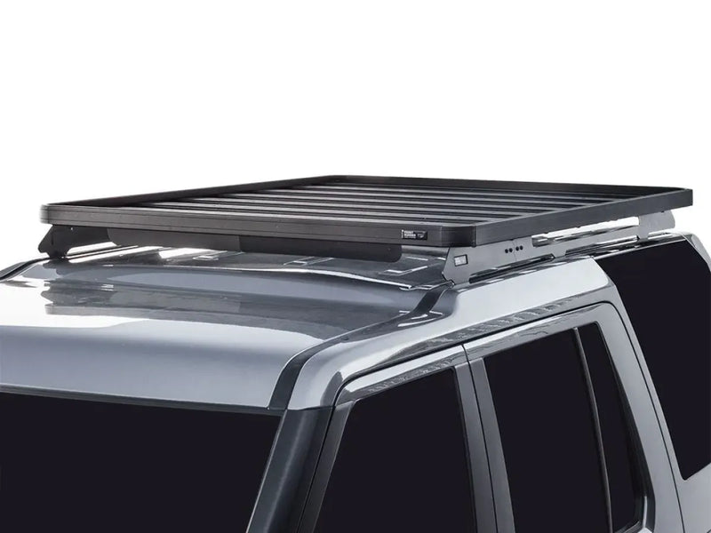Roof rack mounted on vehicle with Front Runner Slimline II Tray Roof Rack Kit for Land Rover LR3 LR4