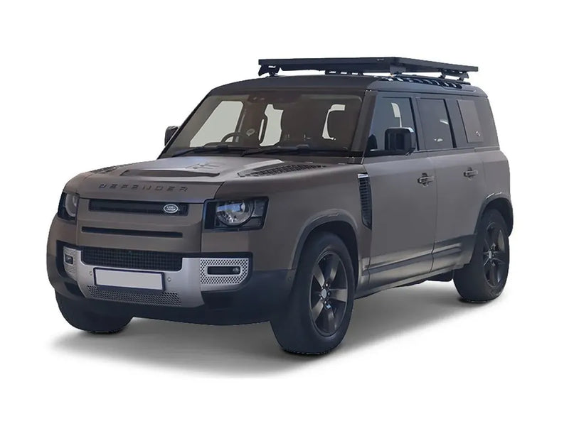 Land Rover Defender SUV with matte gray Front Runner Slimline II Roof Rack Kit