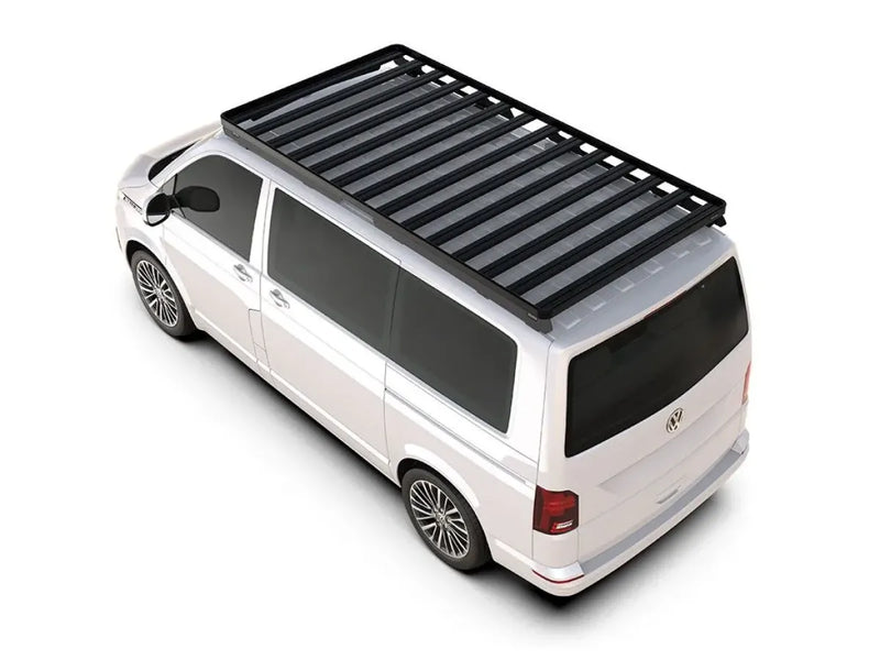 White van with a black roof rack featuring the Front Runner Slimline II tray for Volkswagen T6