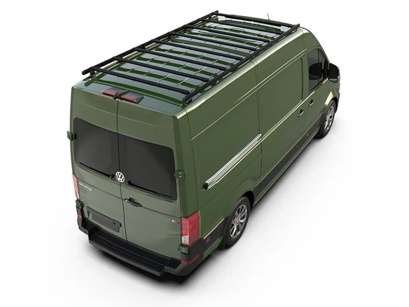 Green Volkswagen Crafter cargo van with roof rack kit and roof rack accessories