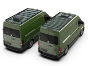 Green cargo vans with roof racks showcasing the Front Runner Slimpro Van Rack Kit for Volkswagen Crafter