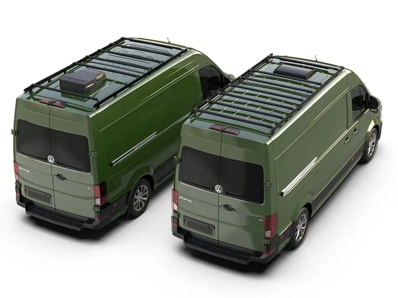 Green cargo vans with roof racks showcasing the Front Runner Slimpro Van Rack Kit for Volkswagen Crafter