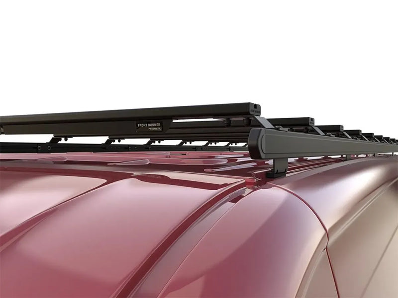 Roof rack mounted on metallic pink Volkswagen Crafter van using Front Runner SlimPro Van Rack Kit
