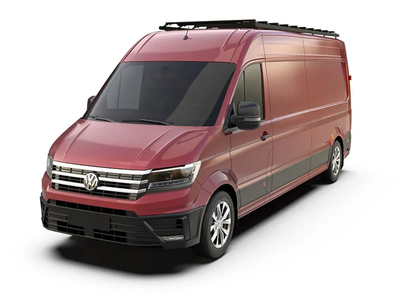 Red Volkswagen Crafter cargo van with roof rack kit for vans and cargo storage