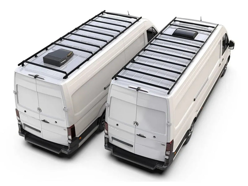 Two white Volkswagen Crafter van rack kit cargo vans with roof racks, viewed from above