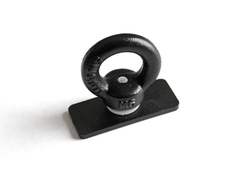 Metal kettlebell handle attached to a rectangular base for runner drawer systems eye nuts