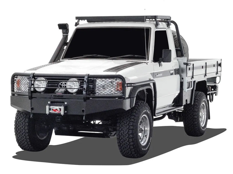 Rugged white off-road utility truck with flatbed and heavy-duty bumper roof rack kit