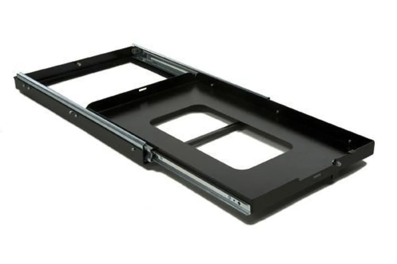 Black metal fridge slide mounting bracket with rectangular openings for Front Runner Cargo and Fridge Slide 414mm x 704mm low profile