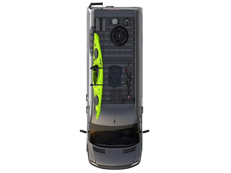 Computer tower case with transparent side panel and neon green components for roof rack kit display