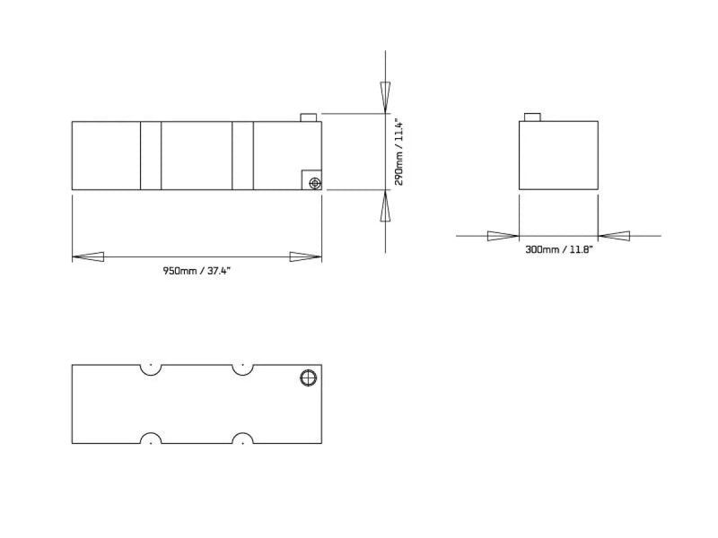 Technical drawing of Front Runner Water Tank 67L with measurements and views for vehicle water