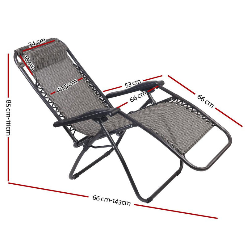 Reclining outdoor chair with mesh fabric and metal frame, labeled dimensions, zero gravity recliner
