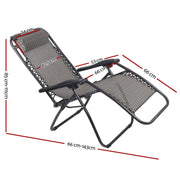 Reclining outdoor chair with mesh fabric and metal frame, labeled dimensions, zero gravity recliner