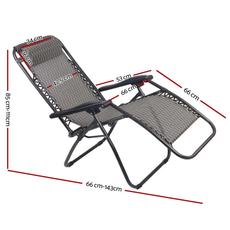 Reclining outdoor chair with mesh fabric and metal frame, labeled dimensions, zero gravity recliner