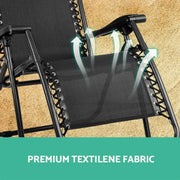 Folding zero gravity reclining outdoor camping chair with black fabric seat and metal frame