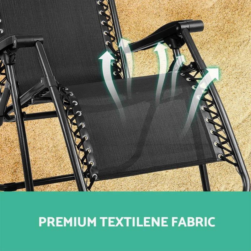 Folding zero gravity reclining outdoor camping chair with black fabric seat and metal frame