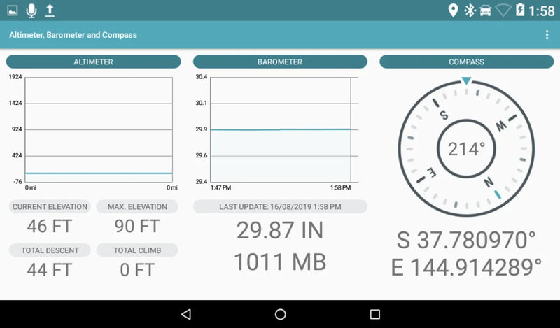 Garmin Overlander multipurpose GPS unit dashboard displaying altitude, barometric pressure, and compass readings for comprehensive GPS navigation