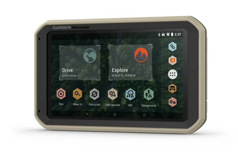 Garmin Overlander multipurpose GPS unit with touchscreen displaying comprehensive navigation icons
