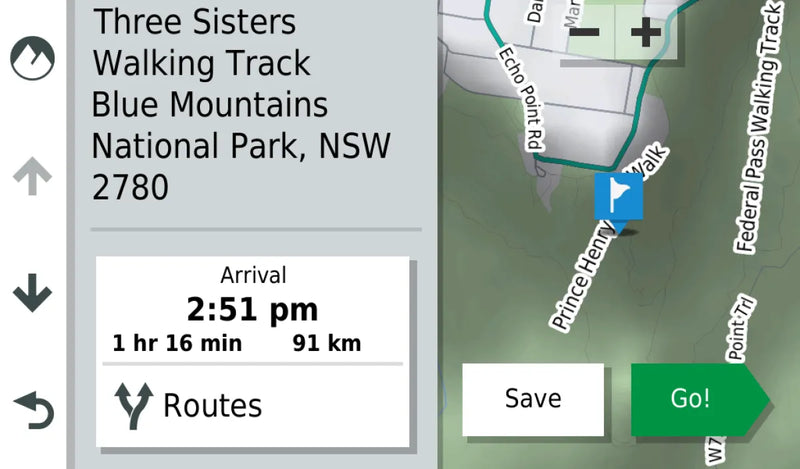 Garmin Overlander multipurpose GPS unit displaying directions to Three Sisters Walking Track in Blue Mountains National Park