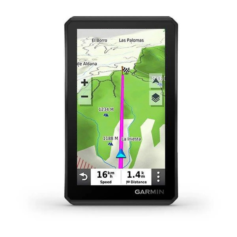 Garmin Tread Powersport GPS navigation device showing topographic map with route, perfect for tread sat nav and group ride tracker