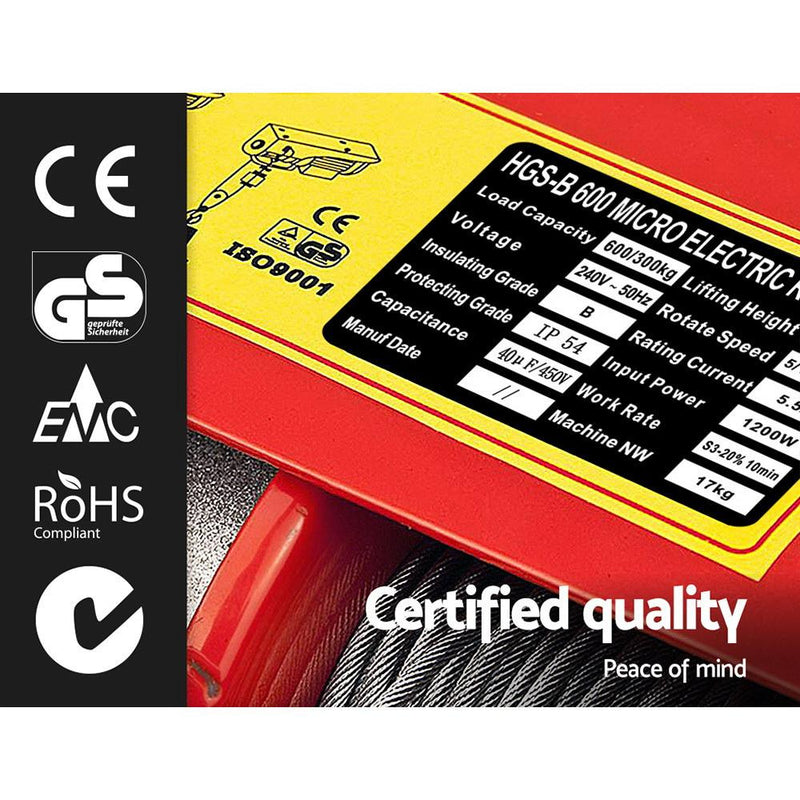 Product label on Giantz 1200w Electric Hoist Winch with safety and quality standards