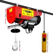 Electric hoist with red and yellow body, hanging hook, and control pendant for 1200w electric hoist use