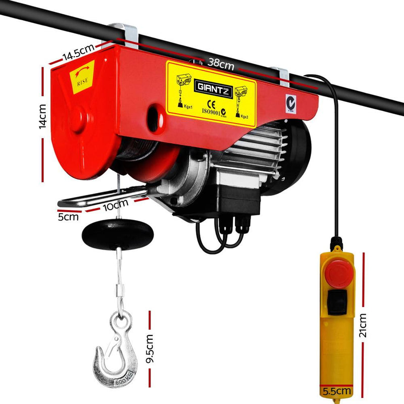 Electric hoist with red and yellow body, hanging hook, and control pendant for 1200w electric hoist use