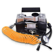 Giantz 12V Portable air compressor with orange coiled hose and pressure gauge for vehicles