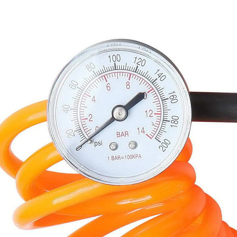 Pressure gauge with orange coiled hose on Giantz 12V Portable 4x4 Air Compressor