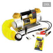 Giantz 540W 12V 4x4 air compressor with yellow accents and attached accessories