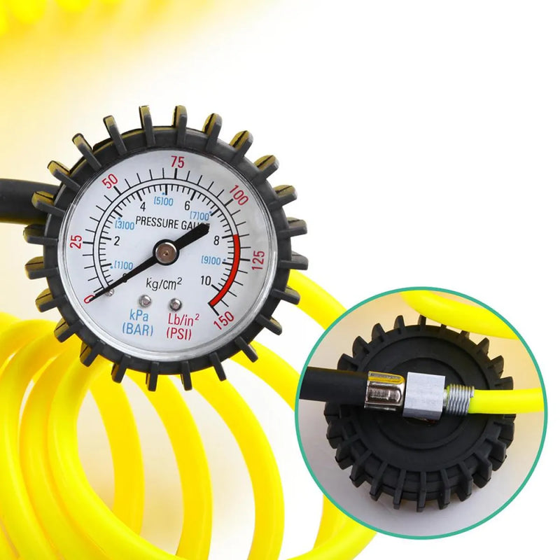 Pressure gauge with circular dial and black casing on Giantz 540W 12V 4x4 air compressor