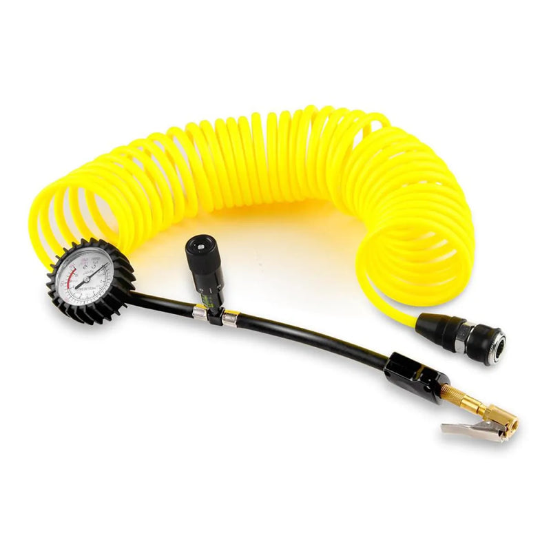 Yellow coiled air hose with pressure gauge and connectors for Giantz 540W 12V 4x4 air compressor