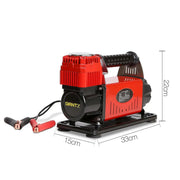 Premium air compressor with red and black design, 12V portable air compressor with battery clamps
