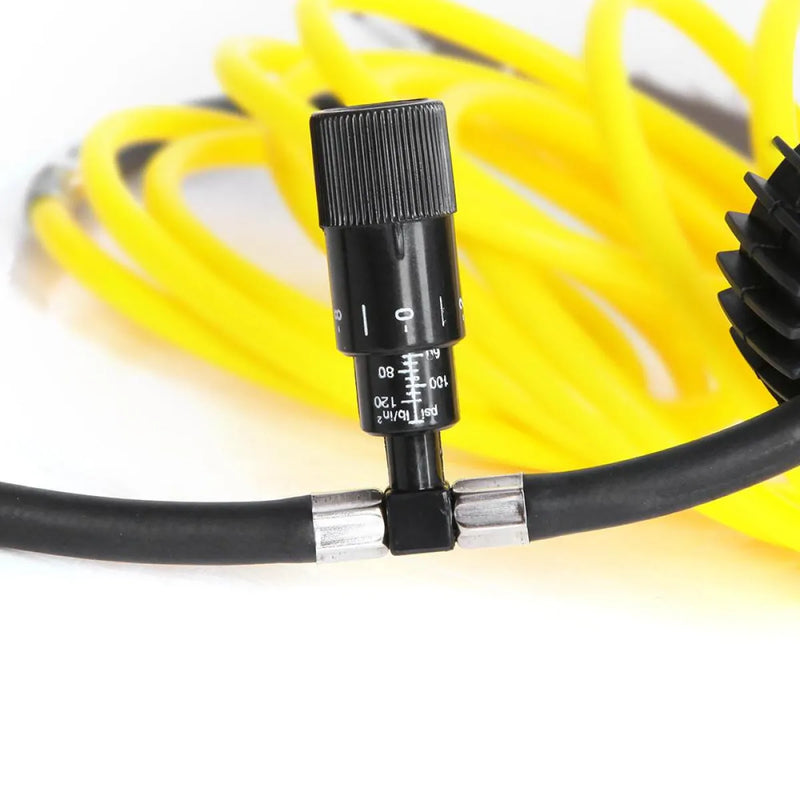 Pressure gauge on black hose with yellow coiled tubing, part of Giantz 12V portable air compressor